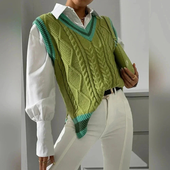 Striped Trim Split Hem Sweater Vest Without Blouse - Picture 2 of 7